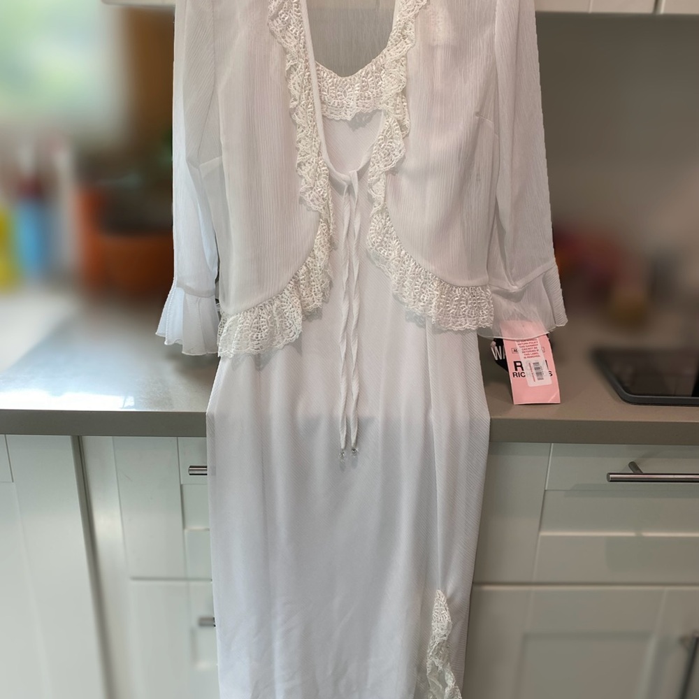 R&M Richards White Lace Trim Dress and Cardigan Set
